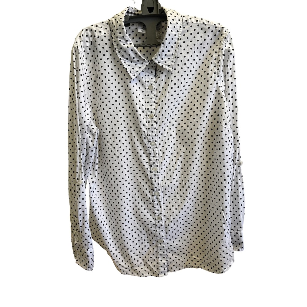 Caribbean Joe Womens 1X Polka Dot Button Down Shirt White Black Gingham Cotton